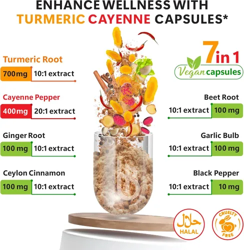 Miniatura 2 de Herbpy Suplemento 7 en 1 de pimienta de cayena y cúrcuma – Digestión, salud cerebral y cardíaca y apoyo inmunológico con Ceilán, ajo, raíz