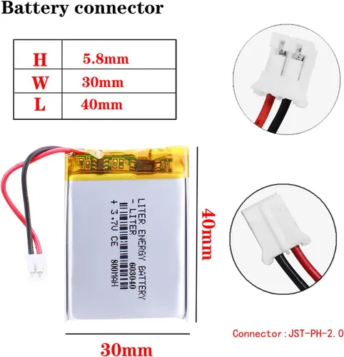 Miniatura 2 de Liter energy battery batería recargable 603040 del polímero de iones de litio de 3.7V 800mAh con el conector PH2.0