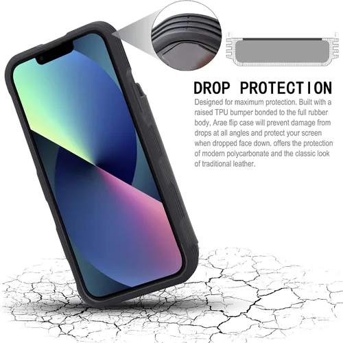 Miniatura 4 de Arae Funda para iPhone 13 con tarjetero - Funda tipo cartera con bolsillos para tarjetas de piel sintética con tapa trasera para iPhone 13 de 6.1