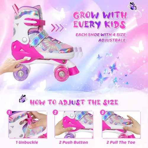 Miniatura 3 de MammyGol Patines de ruedas para niños y niñas, patines ajustables para niños con hermosas mariposas, principiantes de 3 a 16 años de edad, patines