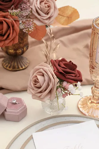 Miniatura 4 de Floroom Flores artificiales, 25 piezas de rosas falsas de espuma de color terracota de aspecto real con tallos para ramos de boda, despedidas