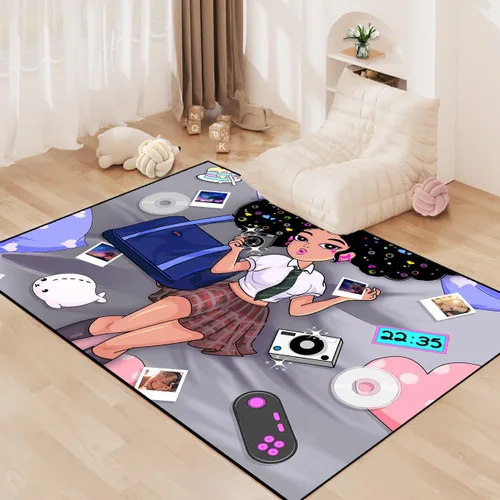Miniatura 10 de Alfombra de área para dormitorio de niñas negras africanas, alfombra para sala de estar, sala de juegos, azul, lindo anime de dibujos animados