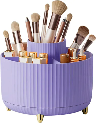 Miniatura 7 de DASITON Soporte para brochas de maquillaje de gran capacidad, organizador de maquillaje giratorio de 360°, 5 ranuras para brochas de maquillaje
