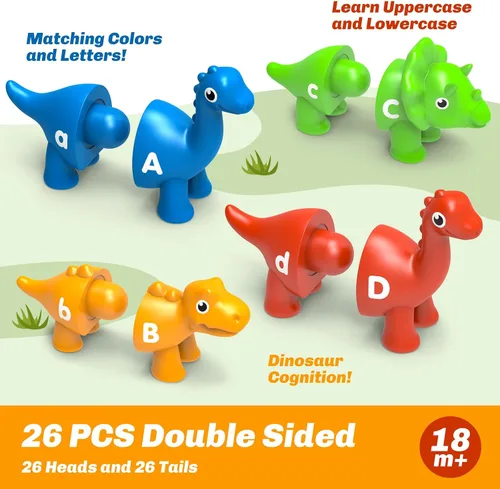 Miniatura 2 de 26 piezas de juguetes de aprendizaje del alfabeto de dinosaurios para niños de 3 a 5 años, juego de emparejamiento ABC de doble cara con mayúsculas