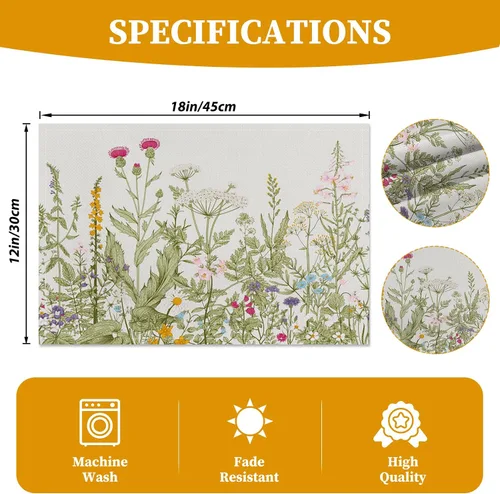 Miniatura 4 de Juego de 6 manteles individuales vintage con flores silvestres de 12 x 18 pulgadas, manteles individuales de tela de lino con plantas de jardín