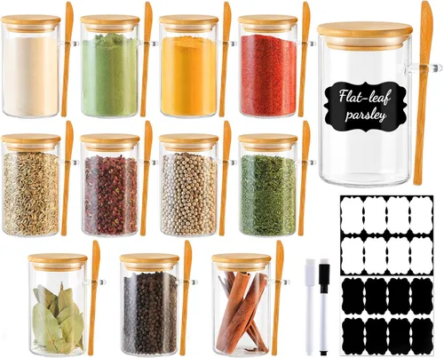 Miniatura 9 de TBWIND Contenedores de almacenamiento de vidrio con tapas de bambú, paquete de 7 tarros herméticos de vidrio transparente en tamaños mixtos