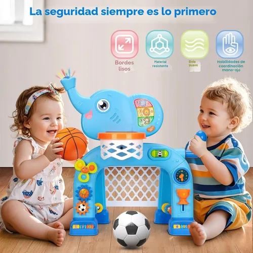 Miniatura 5 de Aro de baloncesto y portería de fútbol para niños de 1, 2, 3 años, juguete deportivo para niños con música de sonido ligero, juguetes Montessori Azul
