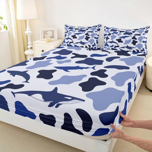 Manfei Juego de sábana bajera de camuflaje de animales marinos, 2 piezas, diseño de camuflaje de tiburones y ballenas, con 1 funda de almohada,