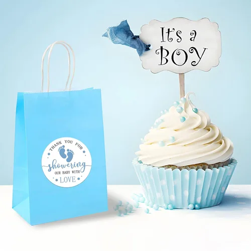 Miniatura 5 de Calcomanías de recuerdo de baby shower, 240 unidades para niño, tema de pies azules de 2 pulgadas, huella, agradecimiento por celebrar con nosotros