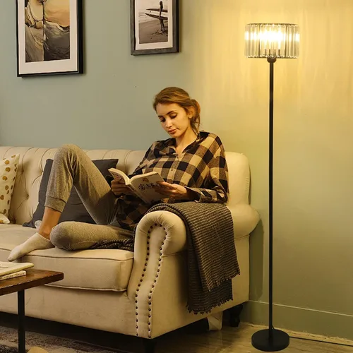 Miniatura 2 de HMVPL Lámpara de pie negra para dormitorio, moderna lámpara de pie para sala de estar con pantalla de cristal K9, lámpara de pie industrial con Negro