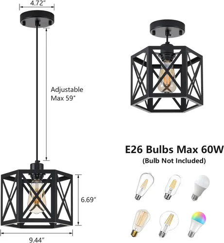 Miniatura 6 de XSDeTu Paquete de 2 Luces Colgantes de Estilo Rústico, Lámpara Colgante Negra Moderna con Jaula Hexagonal, Luces de Techo de Metal Industrial, Negro