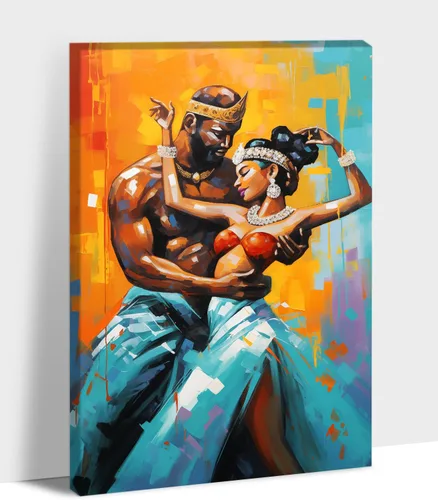 Arte de pared afroamericano, decoración de rey y reina bailarín negro para sala de estar, arte de pareja de amor negro para dormitorio, lienzo