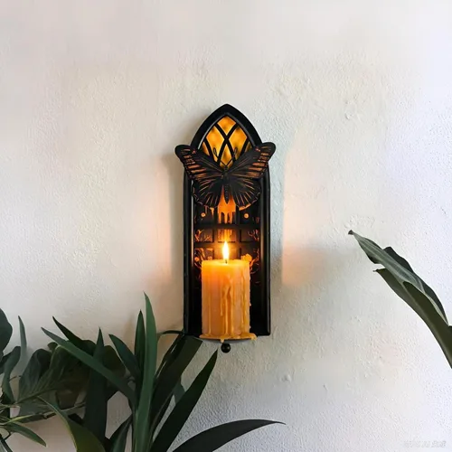 Miniatura 5 de Juego de 2 candelabros góticos de pared, de hierro con mariposa y luna, con bandejas extraíbles para velas cónicas y pilares, jardín romántico
