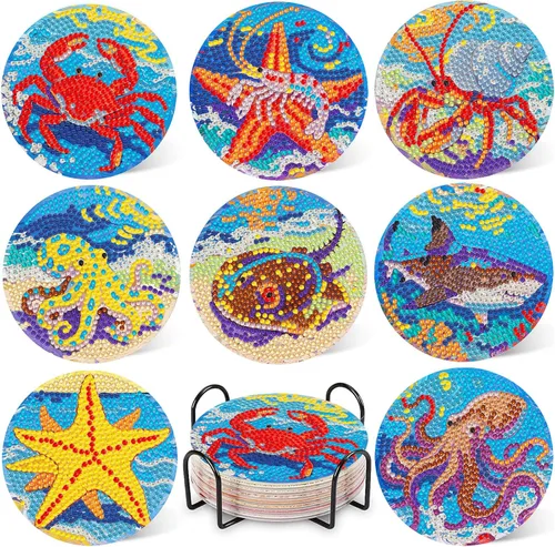 Miniatura 18 de DOTZSO Juego de 8 posavasos de arte de diamante con soporte, kits de arte de diamantes para adultos principiantes, pequeños posavasos de pintura