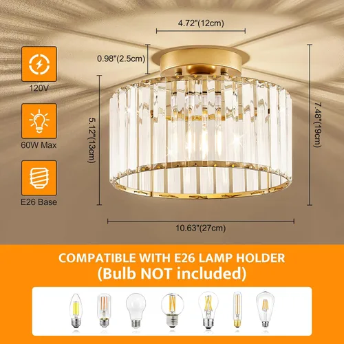 Miniatura 2 de Lámpara de techo semiempotrada de cristal dorado moderna, lámpara de pasillo moderna de montaje semiempotrado, lámpara de techo de metal cercana al