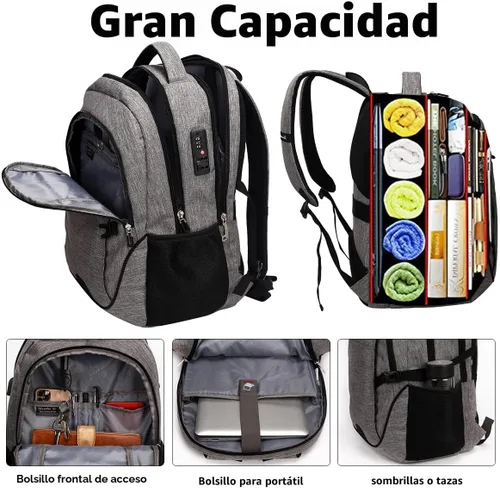 Miniatura 3 de Mochila antirrobo para portátil con carga USB compatible con portátil de 15.6 pulgadas con bloqueo incluido., A-gris