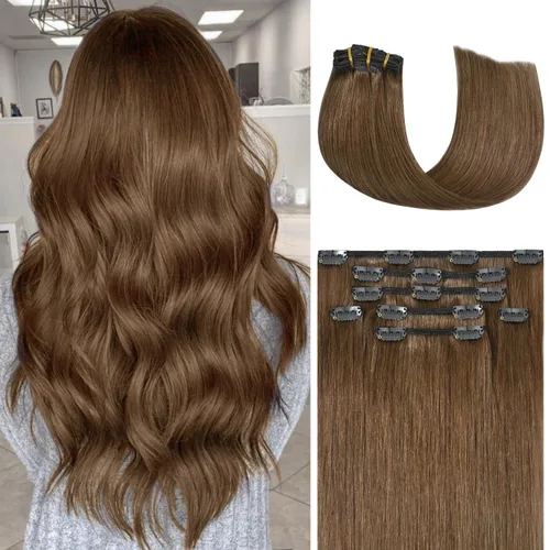 Honsoo Extensiones de cabello humano real de color marrón con pinzas, marrón castaño, 15 pulgadas, 70 g, 7 unidades, cabello lacio sedoso y marrón