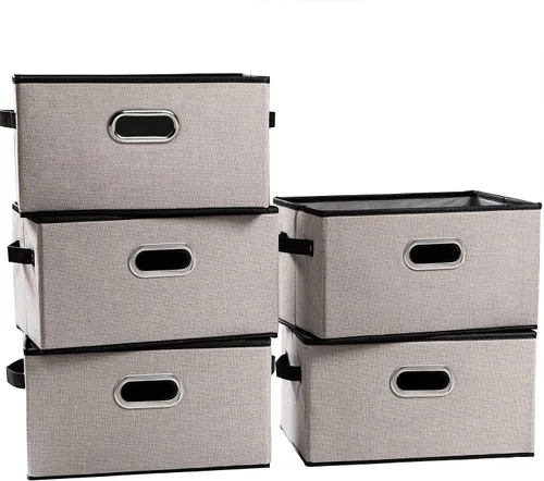 Miniatura 12 de PRANDOM Contenedores de almacenamiento plegables más grandes para clóset [5 unidades] cestas decorativas de tela de lino con asas de cuero y metal