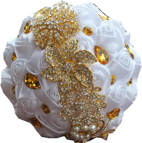 Miniatura 21 de Ramo de novia de 8 pulgadas con rosas de satén de 8 pulgadas con broches de cristal dorado hecho a medida, arreglo de centro de mesa, ramo azul real