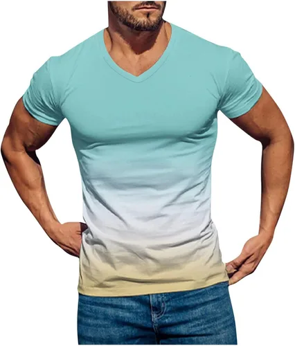 Color degradado para Hombre Tops de Manga Corta con Cuello en V túnica Camisas Fitness deportes pulóver Camiseta