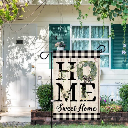 Miniatura 3 de ORTIGIA Home Sweet Home - Bandera de jardín de magnolia de doble cara de 12.5 x 18 pulgadas, para primavera y verano, a cuadros, pequeña bandera