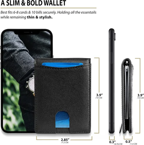 Miniatura 5 de Billeteras de piel de vaca genuina con bloqueo RFID y bolsillo frontal minimalista para hombres con clip para dinero Negro Cartera delgada Rfid