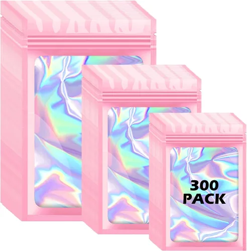 Miniatura 12 de 300 bolsas holográficas de mylar, 3 tamaños, bolsas a prueba de olores con ventana transparente, bolsas de papel de aluminio resellables