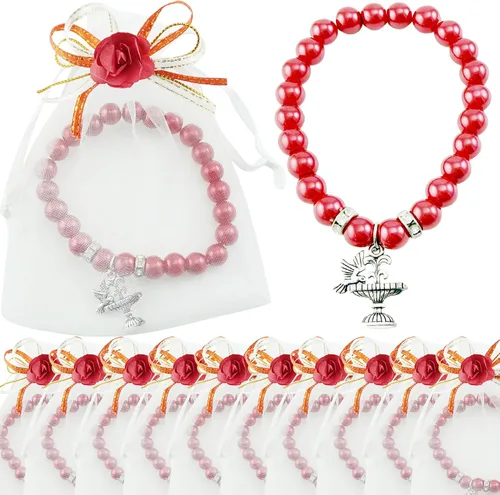 WE Recuerdos de confirmación (12 piezas) pulsera roja con cruz de ala de ángel en bolsas de regalo de organza decoradas para niño y niña