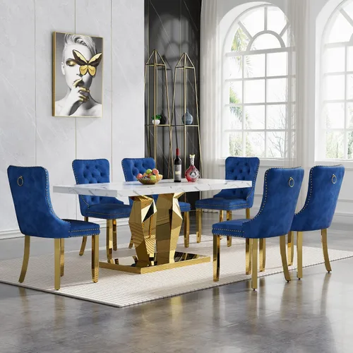 Miniatura 93 de Moderno juego de mesa de comedor de mármol sintético de 68.11 pulgadas para 6, mesa de comedor de mármol blanco y plateado con 6 sillas de Blanco