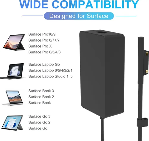 Miniatura 2 de Cargador de superficie de 65 W para Microsoft Surface Pro 10/9/8/7, Surface Laptop 6/5/4/3, Surface Book, Surface Go, adaptador de corriente