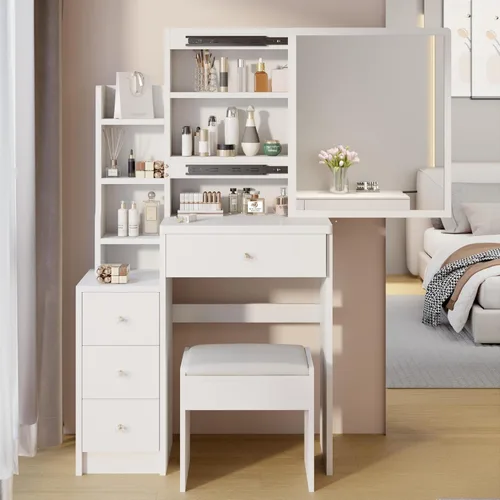 Miniatura 11 de BNSPLY 29.2" W Small Vanity Desk with Sliding Mirror, Black Makeup Vanity Set with 4 Drawers and 5 Shelves, Dressing Table with Cushion Stool for