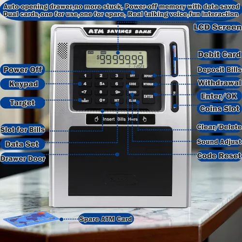 Miniatura 5 de Fishboy Caja de ahorros parlante estilo cajero automático para niños con dos tarjetas de débito, memoria de apagado, cajón de apertura automática