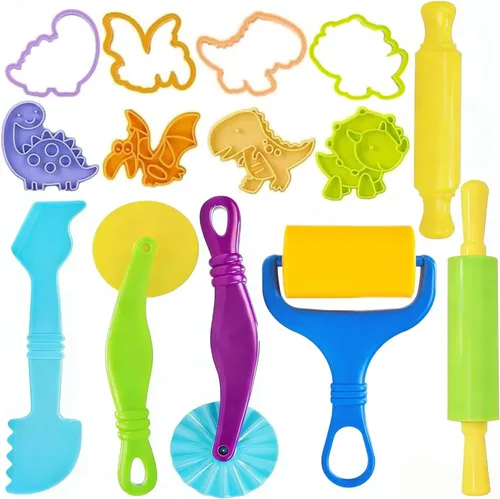 Miniatura 8 de Herramientas de masa para niños, accesorios de masa, moldes de dinosaurio, rodillos de frutas, tijeras y caja de almacenamiento, juego de recuerdos