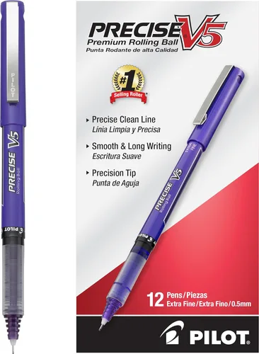 Bolígrafos Pilot Precise V5 de tinta líquida, punta extrafina de 0.5 mm, color púrpura, paquete de 12 - Ideal para escritura en la escuela, diario y