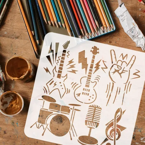 Miniatura 3 de FINGERINSPIRE Plantilla de música de 11.8 x 11.8 pulgadas, rollo de rock, instrumentos musicales, plantilla de pintura para bricolaje, guitarra