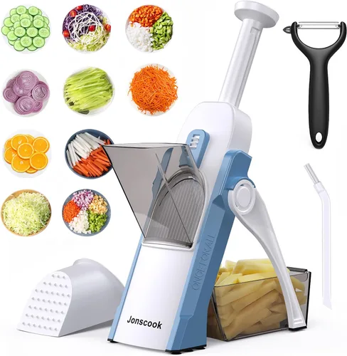 Miniatura 16 de Jonscook Rebanador de mandolina todo en uno seguro para cocina, picador de alimentos con contenedor, cortador de verduras con grosor ajustable
