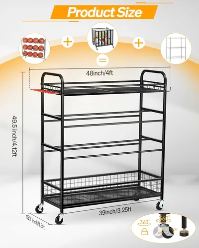 Miniatura 2 de EXTCCT Organizador de equipo deportivo de garaje, contenedor de almacenamiento de bolas rodantes con ruedas, estante de equipo deportivo de garaje