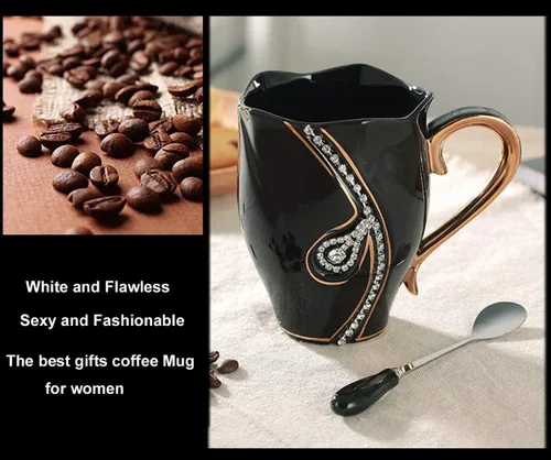 Miniatura 5 de Taza de café con diamantes de imitación, taza de agua de 14 onzas para oficina y hogar, taza de café única, bonitas tazas de café de cerámica