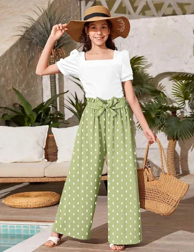 Miniatura 50 de DONWEN Conjunto de 3 piezas de ropa para niñas pequeñas y niñas con cuello cuadrado + pantalones elegantes + diadema para primavera y verano