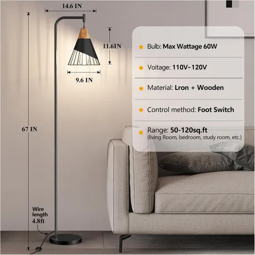 Miniatura 7 de Lámpara de pie industrial de 67" con pantalla de madera y metal negro, lámpara de pie moderna, lámpara alta rústica de estilo granja para sala
