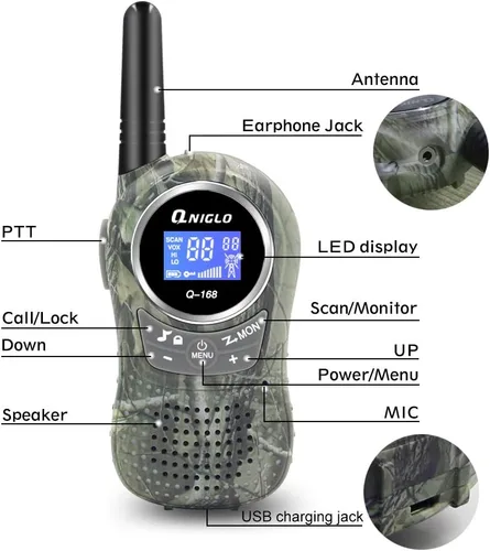 Miniatura 8 de QNIGLO Walkie Talkies para acampar para niños recargables, Walkie Talkies de camuflaje para niños y niñas, adecuados para juegos de aventura al aire