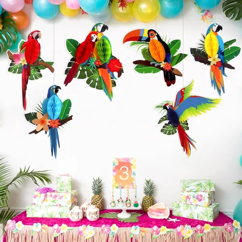 Miniatura 3 de 6 piezas de recortes de panal de pájaros tropicales – Decoración hawaiana Luau Tropical para verano, playa, selva, safari, selva tropical, fiesta