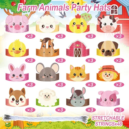 Miniatura 3 de Yinder 48 sombreros de fiesta de cumpleaños con temática de animales de granja, diademas de animales, corona de papel de granja para recuerdos