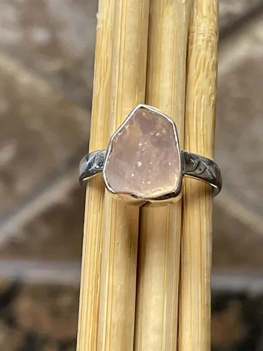 Miniatura 5 de Anillo de plata de ley sólida de cuarzo rosa rosa natural crudo 925 tamaño 6.25
