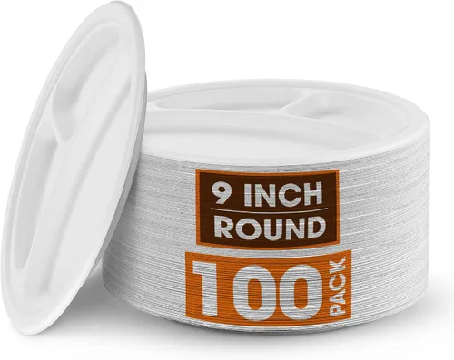 Cheer Collection Platos de papel divididos compostables de 9 pulgadas, platos de papel 100% biodegradables de 3 secciones para alimentos calientes o