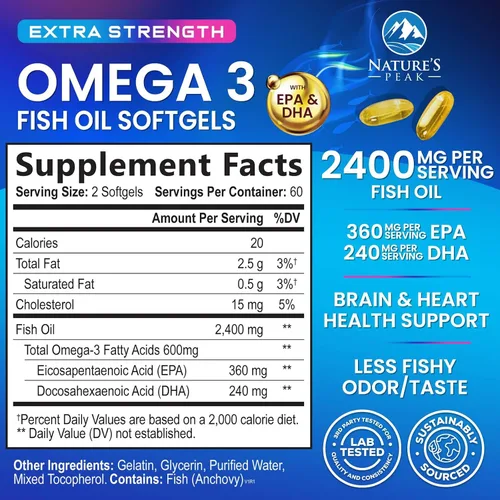 Miniatura 2 de Suplementos de aceite de pescado Omega 3 – 2400 mg de aceite de pescado por porción – Omega-3 de triple fuerza con ácidos grasos EPA y DHA – Apoyo