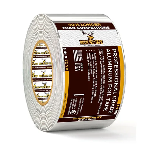 Cinta de aluminio de hoja de lata BUCK – 3 pulgadas x 216 pies (72 yardas), 3.6 mil – Cinta para HVAC para conductos, AC, ventilaciones de secadora