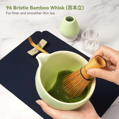 Miniatura 4 de Joiish Juego de batidor de matcha, kit de matcha de 10 piezas, batidor de bambú y cuenco de cerámica con boquilla y cuchara medidora y taza, Verde