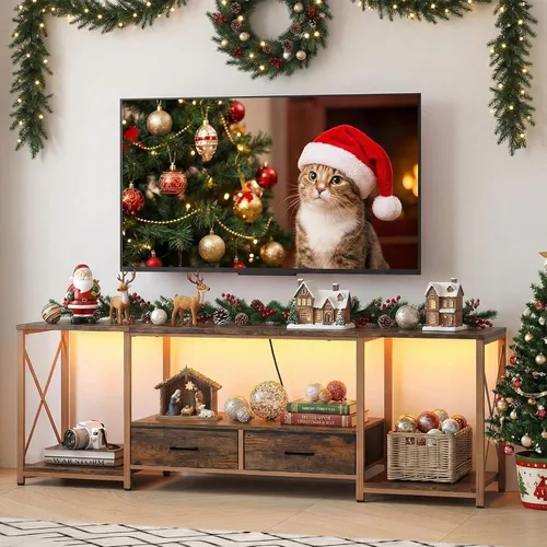 Miniatura 8 de LED TV Stand with 2 Fabric Drawer - 55" Industrial TV Console Table with Open Storage Shelves for Living Room,Bedroom, Entertainment Center TV