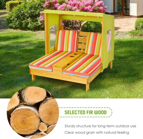 Miniatura 6 de COSTWAY Tumbona doble para niños al aire libre, silla de patio de 2 asientos con portavasos y cojines, silla de playa para niños con toldo, muebles